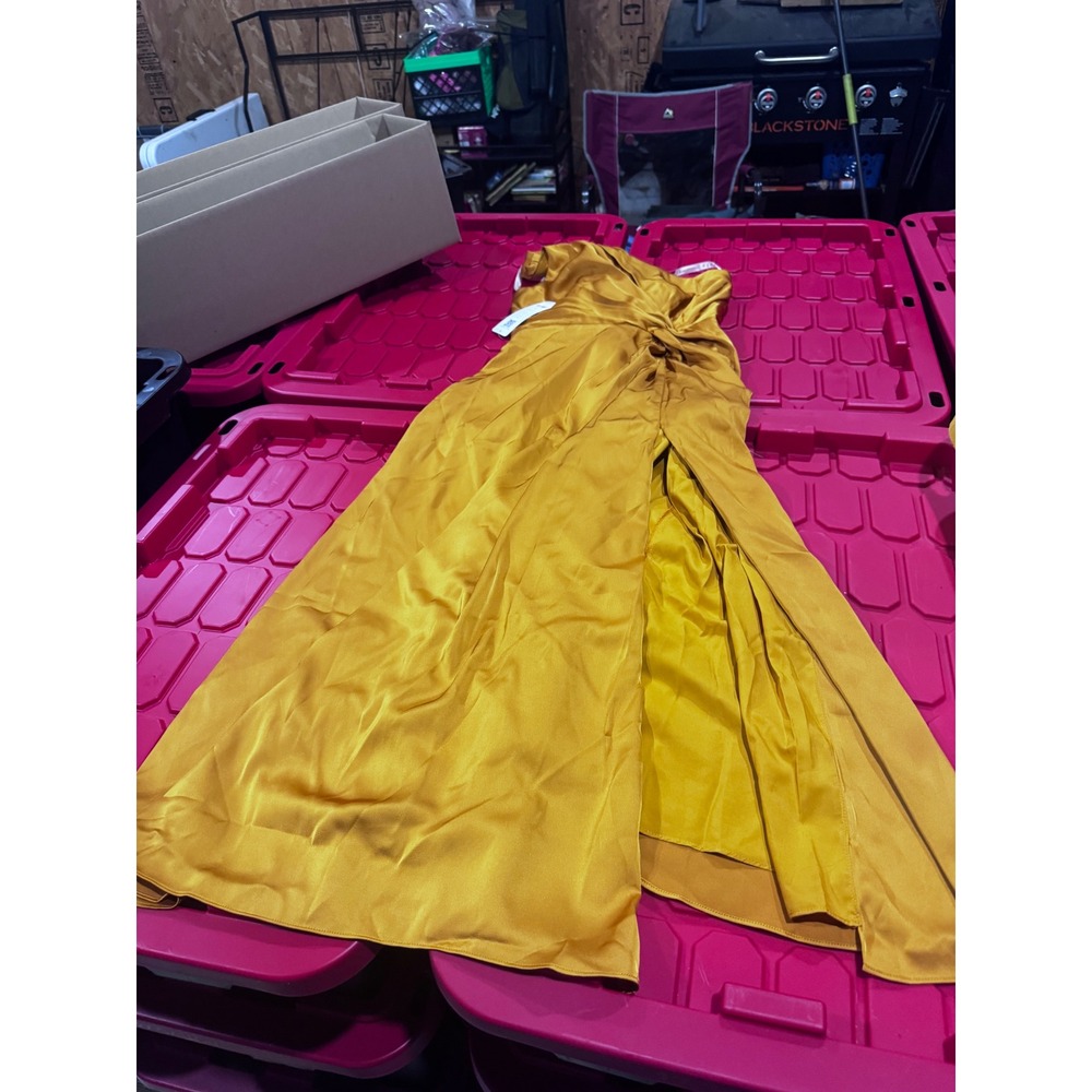 Azazie Brooke Satin Bridesmaid Dress Butterscotch Yellow V-Neck Slit A10 NEW